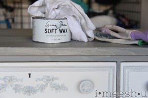 Annie Sloan Chalk Paint Clear wax can with rags on dresser